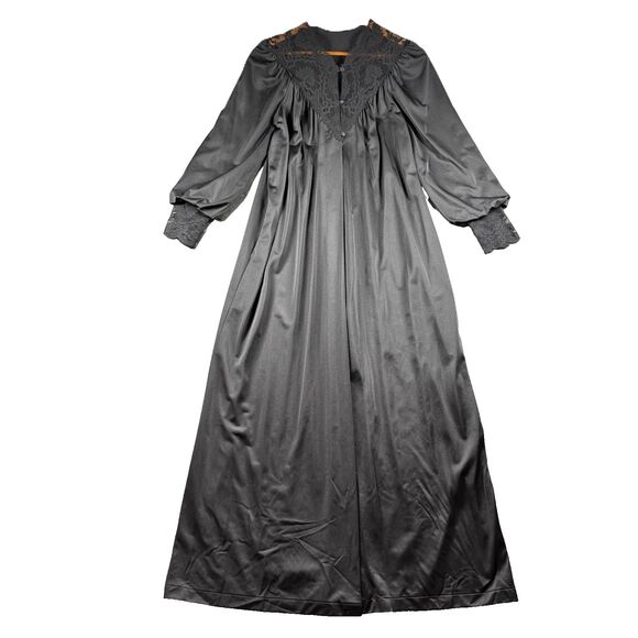 Shadowline Vintage Nylon Black Lace Robe Peignoir Open Front Maxi Petite F176 - Picture 1 of 12